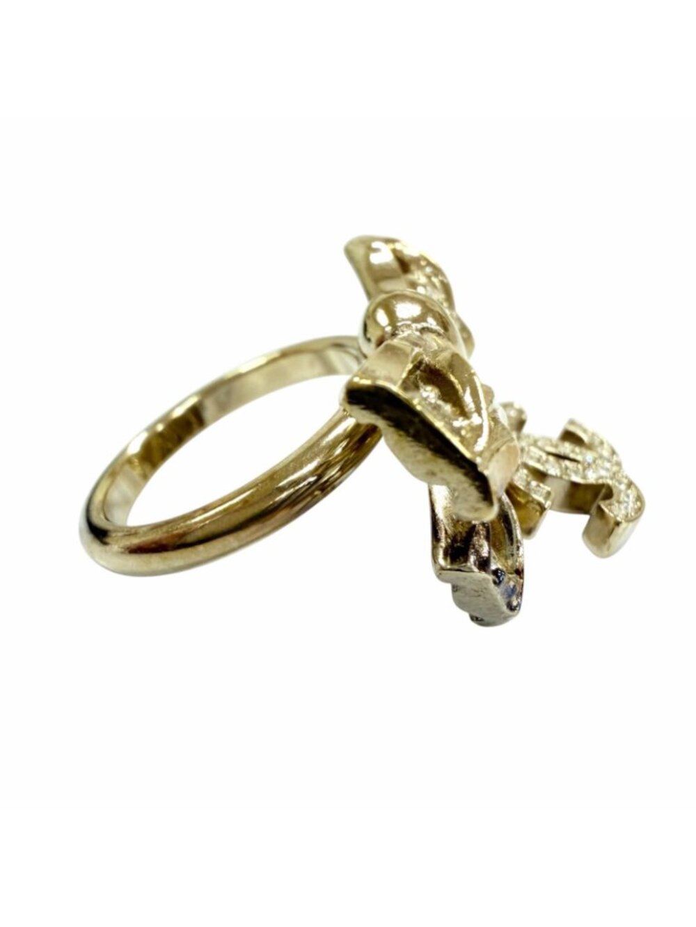 Chanel CC Logo Ribbon Rhinestone Ring Gold JP - Picture 7 of 11